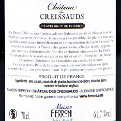 Château des Creissauds - Pastis Millésimé – 2020, contre-étiquette