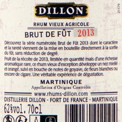 Dillon - Rhum Brut de Fût, 2013, contre-étiquette